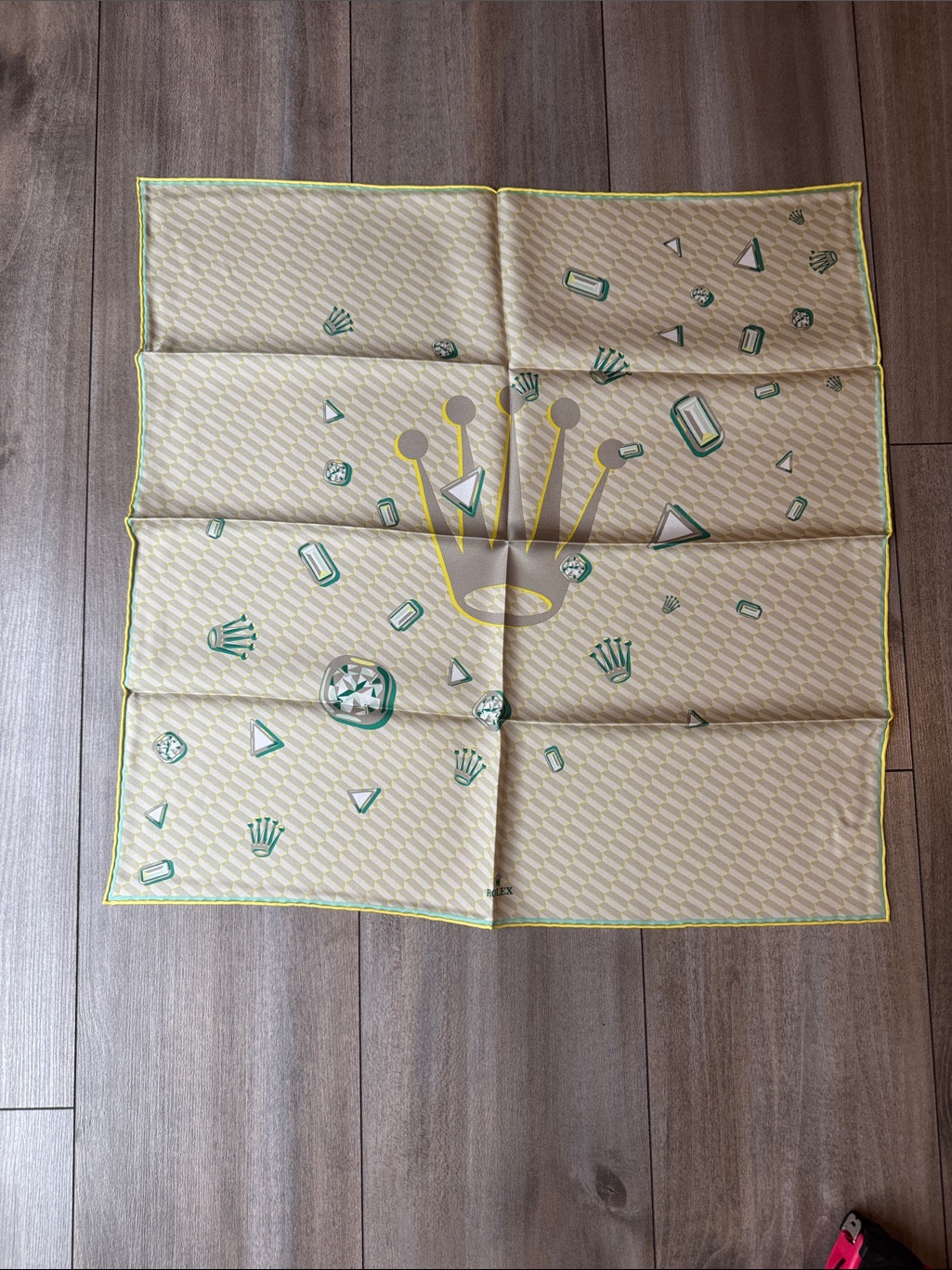 Rolex Beige Scarf With Green And Yellow Crown Motif Rolex Beige Scarf With Green And Yellow Crown Motif